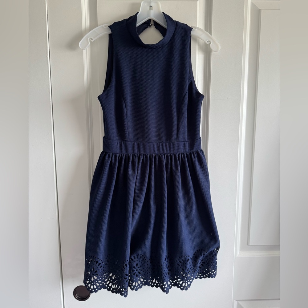 Honey and Rosie Navy Sleeveless Fit-and-Flare Dress with Eyelet Hem